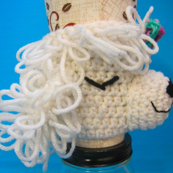 Handmade Crochet Poodle Puppy Dogs WHITE Cup Cozy - Picture 3 of 4